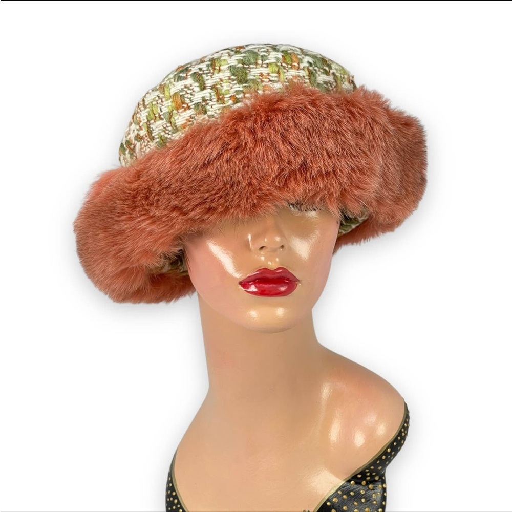 NWT Michael Kates Canada Dyed Burnt Fox Fur Russian Cossack Tweed Hat Coral
